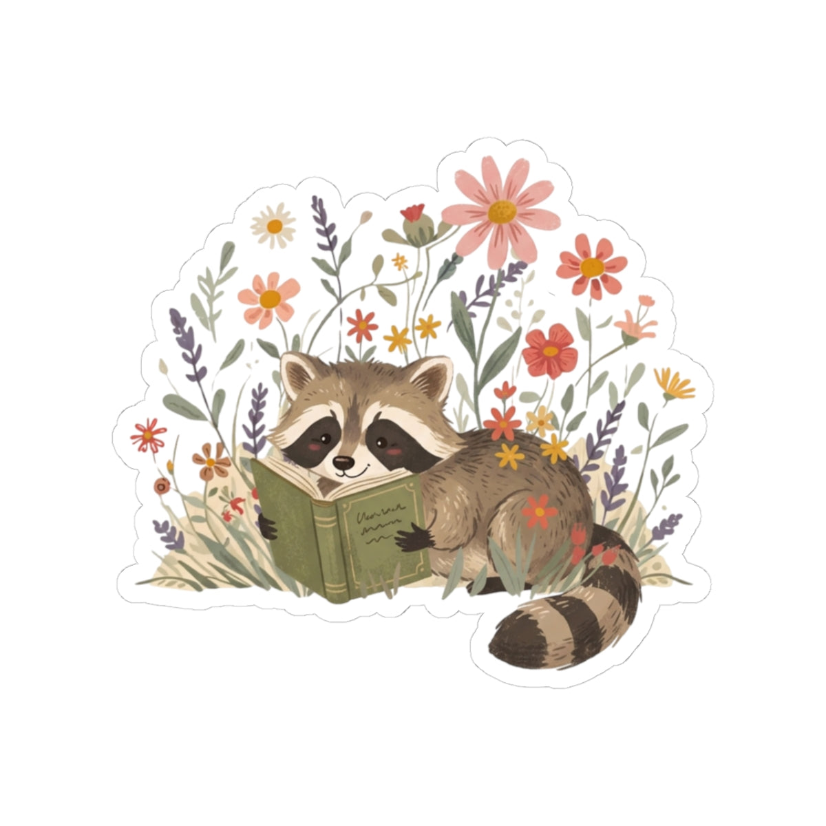Reading Raccoon Kiss-Cut Stickers | Floral Woodland Illustration