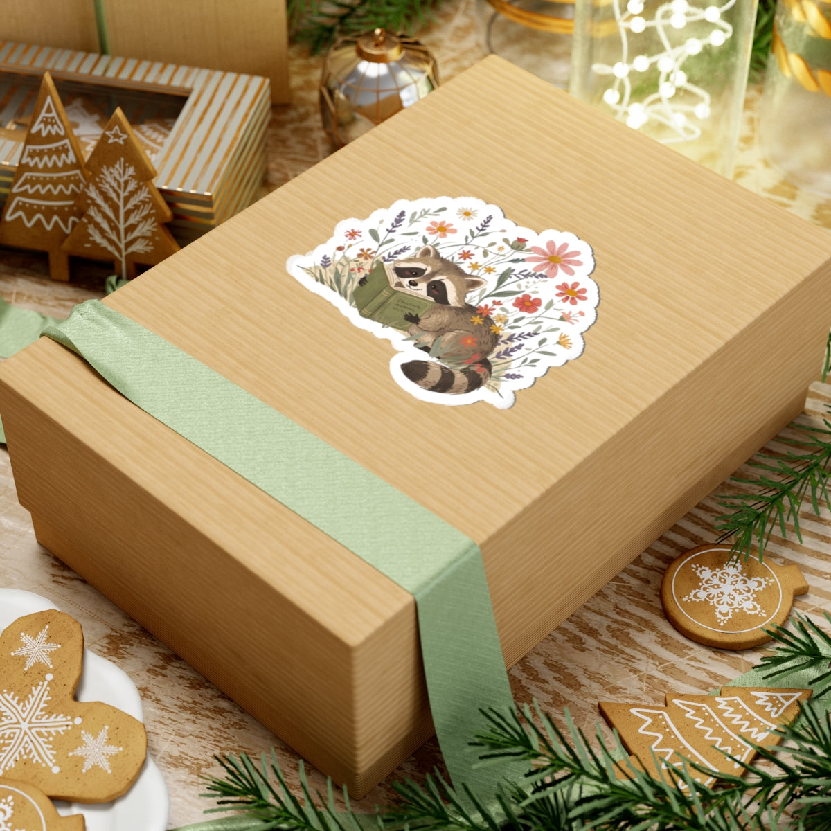 Reading Raccoon Kiss-Cut Stickers | Floral Woodland Illustration