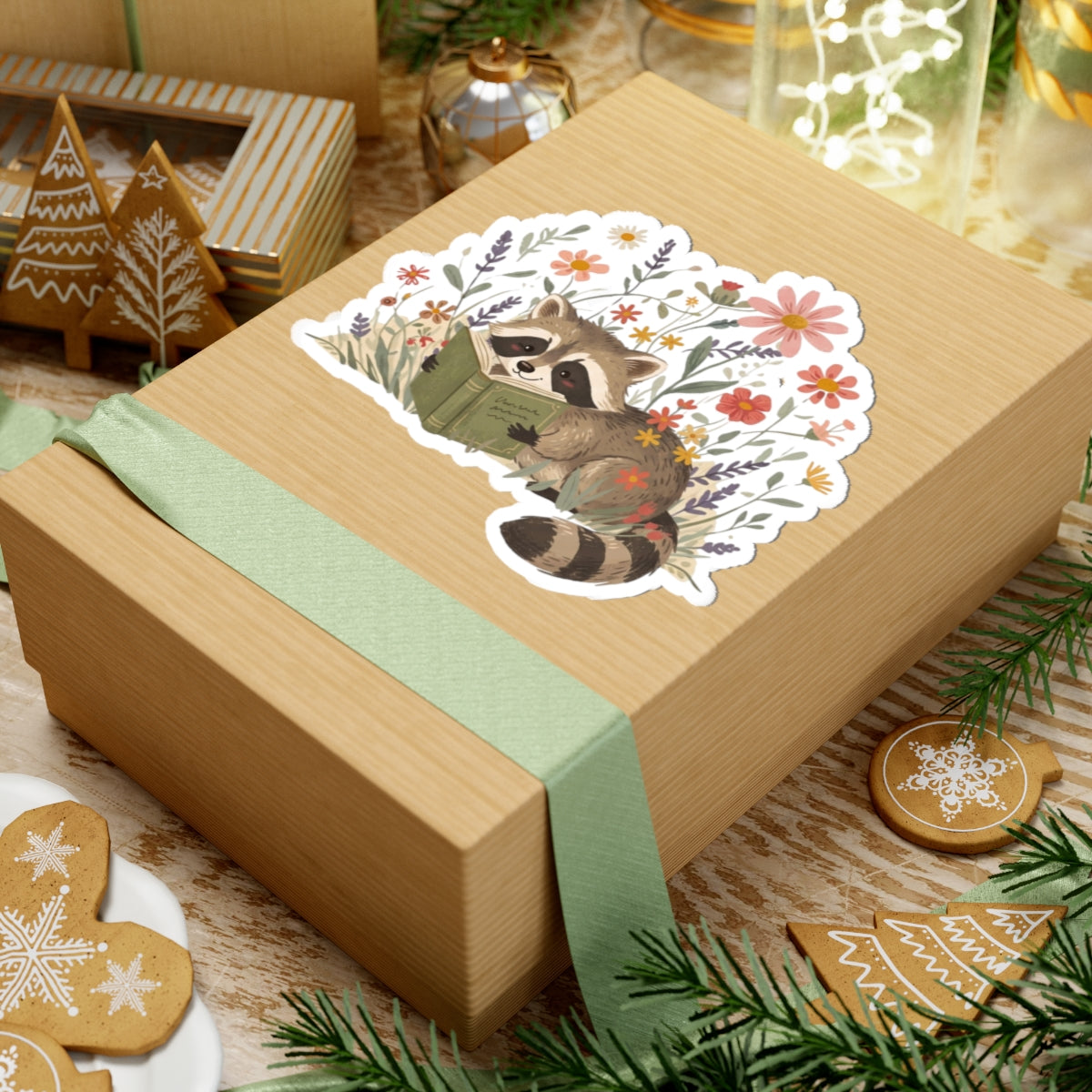 Reading Raccoon Kiss-Cut Stickers | Floral Woodland Illustration